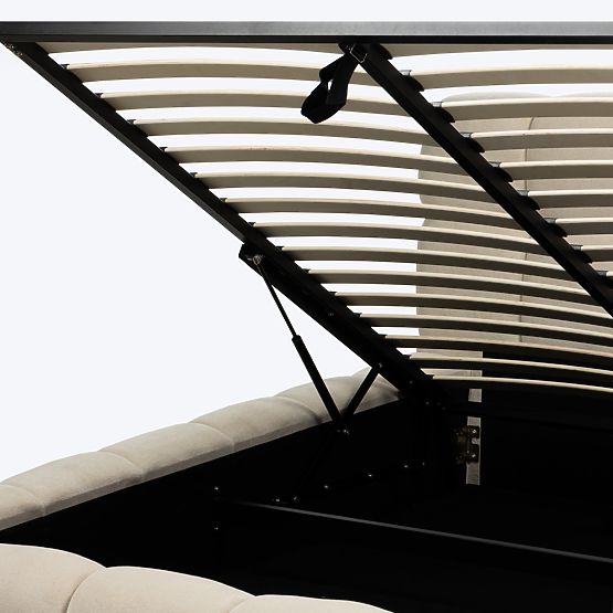 Tapicerowane łóżko Nexo 160x200 cm, z stelażem i schowkiem, jasnobeżowe, o zaokrąglonych kształtach