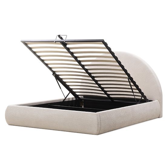 Tapicerowane łóżko Orbi 140x200 cm, z stelażem i schowkiem, zaokrąglone, beżowe