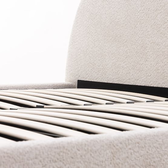 Tapicerowane łóżko Orbi 160x200 cm, z stelażem i schowkiem, zaokrąglone, beżowe