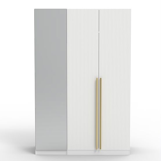 Trzydrzwiowa szafa Neroli, lustro/proste rowki, biała