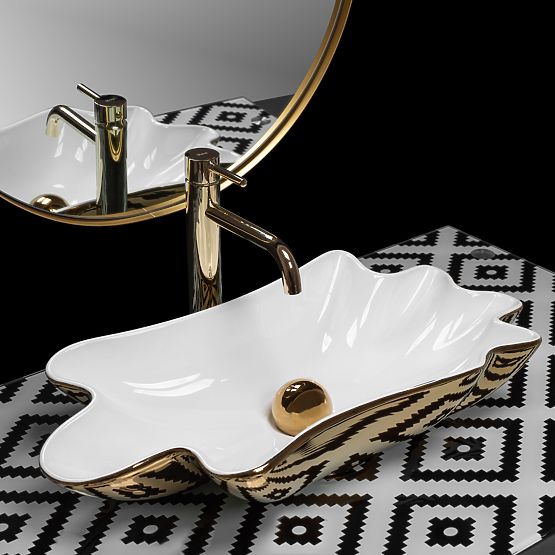 Umywalka REA Sea Infinity Gold/Biała + Korek