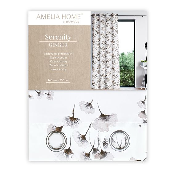 Zasłona SERENITY biała z nadrukiem roślinnym klasyczny styl srebrne metalowe przelotki