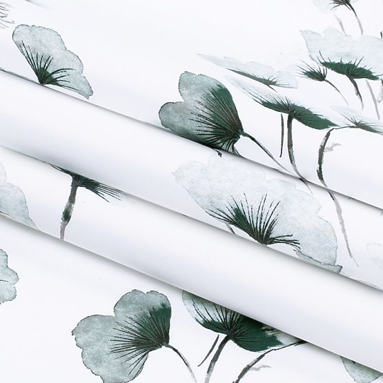 Zasłona SERENITY biały kolor z nadrukiem roślinnym klasyczny styl srebrne metalowe przelotki