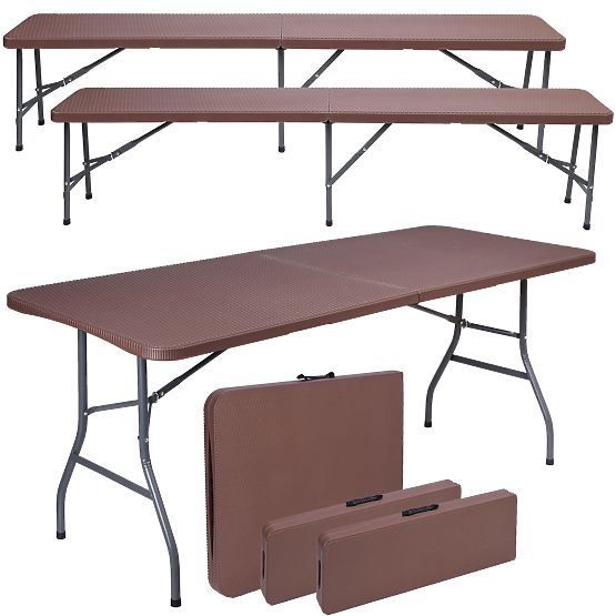 Zestaw cateringowy Rattan brązowy stół 180 cm + 2 ławki