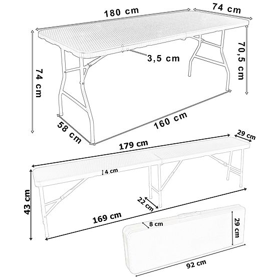 Zestaw cateringowy Rattan brązowy stół 180 cm + 2 ławki