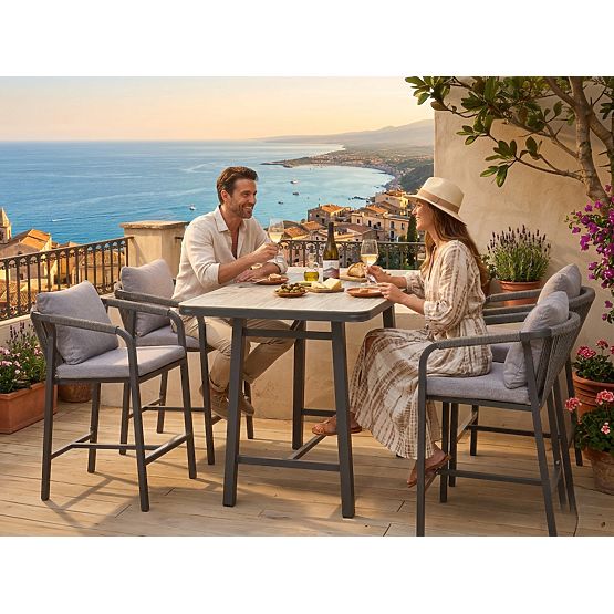 Zestaw mebli ogrodowych (4 krzesła barowe + wysoki stół) BREZZA szary