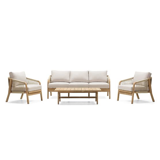 Zestaw mebli ogrodowych Castello, plecionka, drewno akacjowe FSC, wygląd teakowy, beżowy