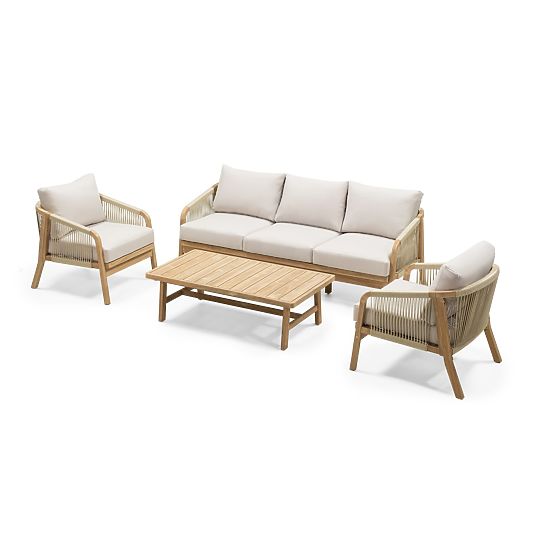 Zestaw mebli ogrodowych Castello, plecionka, drewno akacjowe FSC, wygląd teakowy, beżowy