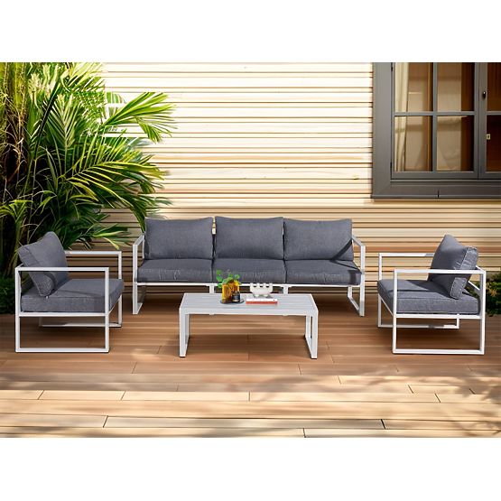 Zestaw mebli ogrodowych (duża 3-osobowa sofa, 2 x fotel + stolik) MOSTRARE biały aluminium, szare po