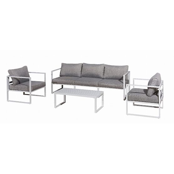 Zestaw mebli ogrodowych (duża 3-osobowa sofa, 2 x fotel + stolik) MOSTRARE biały aluminium, szare po