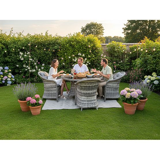 Zestaw mebli stołowych z technoratanu (4 krzesła + okrągły stół) MODERNO jasnoszary