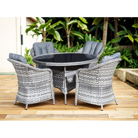 Zestaw mebli stołowych z technoratanu (4 krzesła + okrągły stół) MODERNO jasnoszary