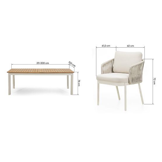 Zestaw ogrodowy Porticato, stół rozkładany 211-300 cm + 8 krzeseł, drewno akacjowe FSC, wygląd teak