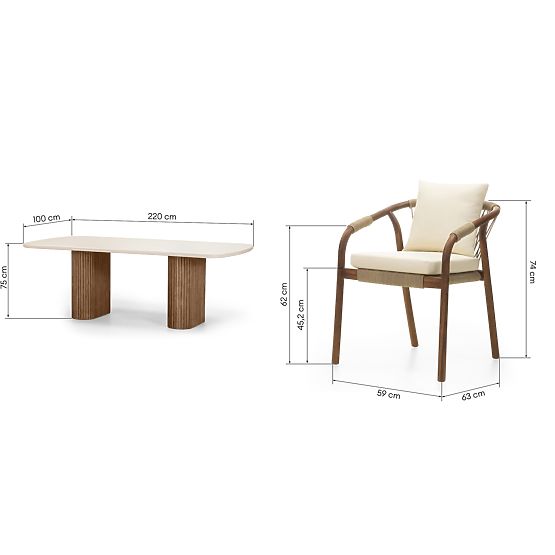 Zestaw ogrodowy Rovigo stół z kamiennym blatem 220 cm i 4 krzesła z plecionym sznurem, ciemne drewno