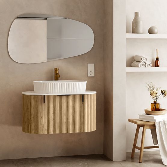 Zestaw szafka z blatem i umywalką La simplicite 80 cm, żłobiona, zaokrąglona, Glit White/dąb