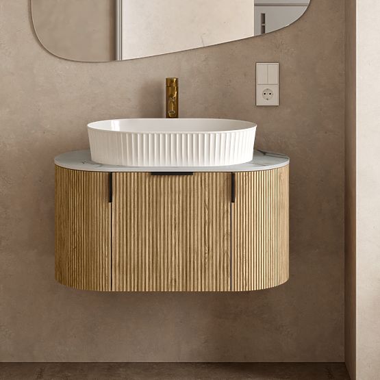 Zestaw szafka z blatem i umywalką La simplicite 80 cm, żłobiona, zaokrąglona, Glit White/dąb