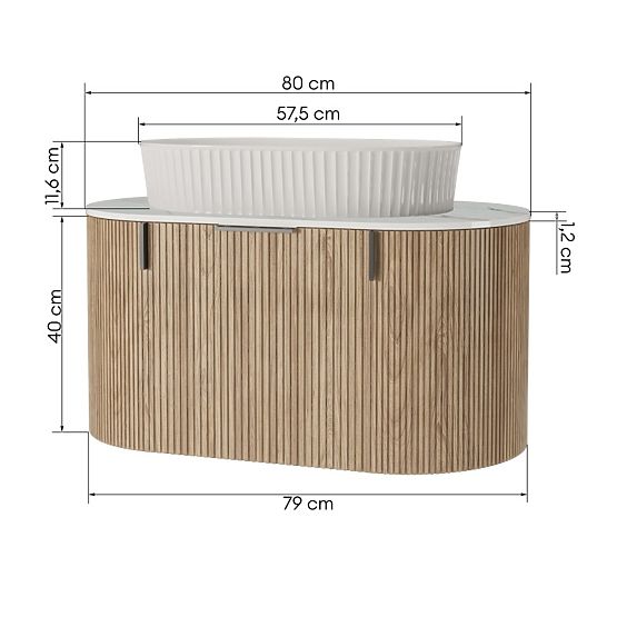 Zestaw szafka z blatem i umywalką La simplicite 80 cm, żłobiona, zaokrąglona, Glit White/dąb