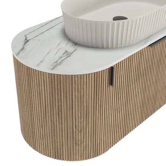 Zestaw szafki z blatem i umywalką La simplicite 100 cm, żłobiona, zaokrąglona, Glit White/dąb