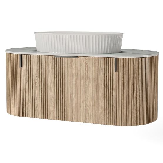 Zestaw szafki z blatem i umywalką La simplicite 100 cm, żłobiona, zaokrąglona, Glit White/dąb