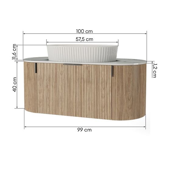 Zestaw szafki z blatem i umywalką La simplicite 100 cm, żłobiona, zaokrąglona, Glit White/dąb