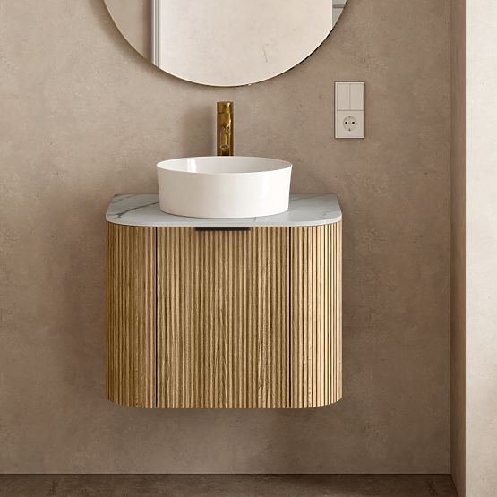Zestaw szafki z blatem i umywalką Matinale 60 cm, żłobiona, zaokrąglona, Glit White/akacja