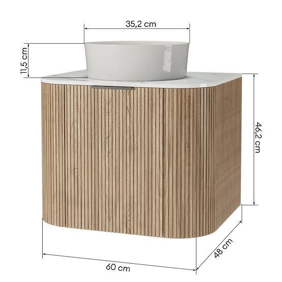 Zestaw szafki z blatem i umywalką Matinale 60 cm, żłobiona, zaokrąglona, Glit White/akacja