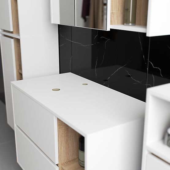 ZESTAW WISZĄCYCH MEBLI ŁAZIENKOWYCH Z OTWORAMI VAMI BIAŁY / DĄB SONOMA