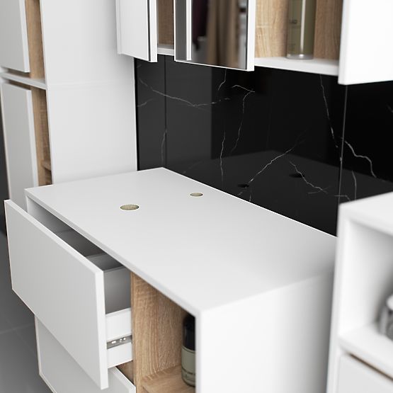 ZESTAW WISZĄCYCH MEBLI ŁAZIENKOWYCH Z OTWORAMI VAMI BIAŁY / DĄB SONOMA