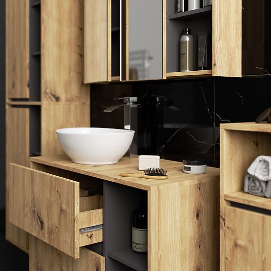 ZESTAW WISZĄCYCH MEBLI ŁAZIENKOWYCH Z OTWORAMI VAMI DĄB ARTISAN / GRAFITOWY SZARY