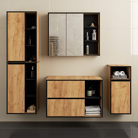 ZESTAW WISZĄCYCH MEBLI ŁAZIENKOWYCH Z OTWORAMI VAMI DĄB CRAFT / CZARNY