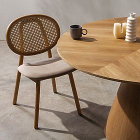 Drewniane krzesło Monet z wiedeńskim plecionką, rattan, welur, naturalny/jasny brąz