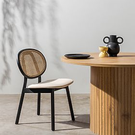 Drewniane krzesło Monet z wiedeńskim splotem, rattan, aksamit, czarny/beżowy