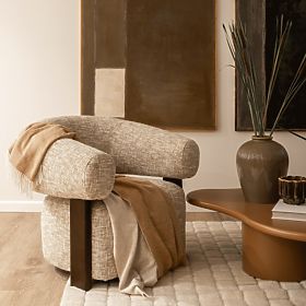 Fotel relaksacyjny Maribel beżowo-szary/orzech, zaokrąglony kształt, lectus