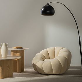 Fotel relaksacyjny Venezia beżowy z obrotową podstawą, boucle, zaokrąglone kształty