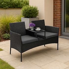 Ławka ogrodowa z technoratanu sofa CORDOBA czarna z szarymi poduszkami