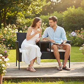 Ławka ogrodowa z technorattanu sofa CORDOBA czarna z beżowymi poduszkami