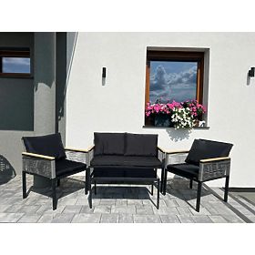 Mały zestaw mebli na balkon (2 x fotel, sofa + stolik) CORTO czarny aluminium, szary technorattan