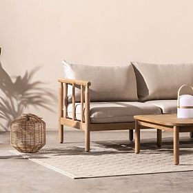 Ogrodowa narożna sofa z stolikiem Mortlake, drewno eukaliptusowe FSC, wygląd tekowy, jasnobeżowy/p