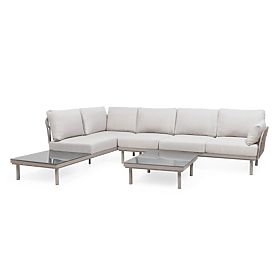 Ogrodowa narożna sofa ze stolikiem Amarello, aluminiowa, pleciona, jasnobeżowa/beżowoszara