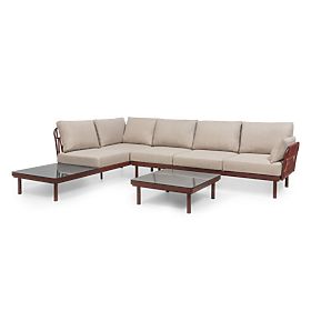 Ogrodowa narożna sofa ze stolikiem Amarello, aluminiowa, pleciona, jasnobeżowa/bordowa