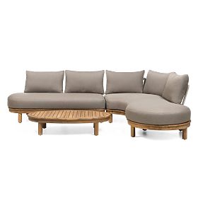 Ogrodowa narożna sofa ze stolikiem Summerland, drewno akacjowe, wygląd teakowy, brązowo-szara, zaokr
