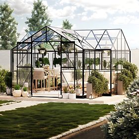 Ogrodowa oranżeria Royal Green Standard 16,6 m² z podstawą, szkło hartowane 4 mm, aluminium, czarna