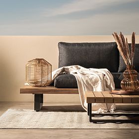 Ogrodowa sofa narożna ze stolikiem Borgo, drewno akacjowe FSC, wygląd teakowy, szara