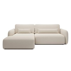 Rozkładana narożna sofa Mossa z miejscem do przechowywania, lewostronna, jasnobeżowa, zaokrąglone ks