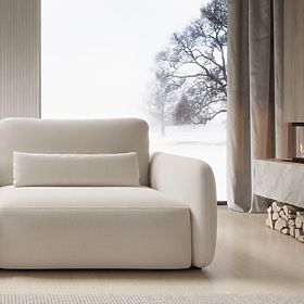 Rozkładana sofa Mossa z miejscem do przechowywania, zaokrąglone kształty, jasnobeżowa