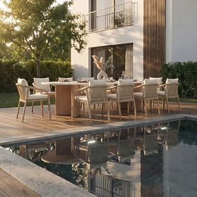 Stół ogrodowy Komorebi 270 cm z kamiennym blatem, jasne drewno akacjowe/jasny beż, owalny, lamele