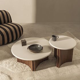 Stolik boczny Marlo II 50 cm, kremowobiały/orzech, mikrocement