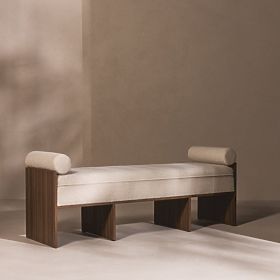 Tapicerowana ławka Loppo jasnobeżowa, boucle, Orzech Wisconsin
