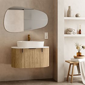 Zestaw szafka z blatem i umywalką La simplicite 80 cm, żłobiona, zaokrąglona, Glit White/dąb